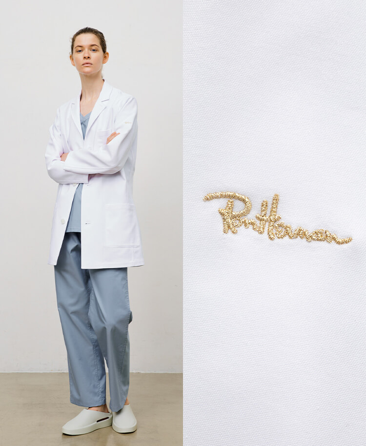 Ron Herman ショートコート(男女兼用白衣・2022年モデル・刺繍色 ゴールド、ネイビー、オフホワイト) 白×ゴールド