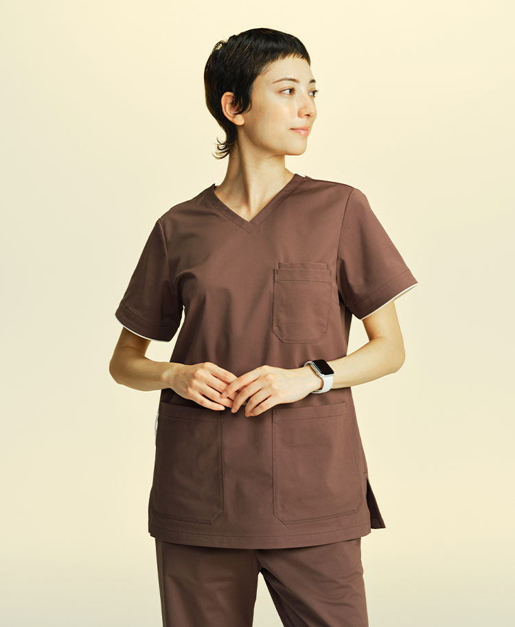 レディース:ロールアップスクラブトップス・FREE ブラウン