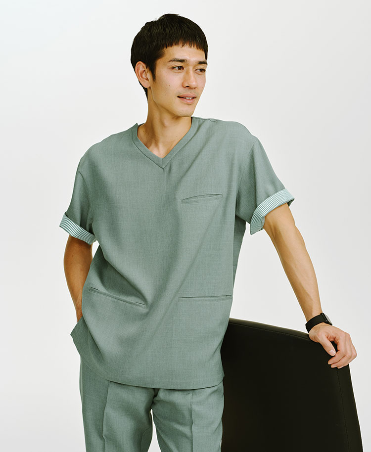 メンズ:レイヤードスクラブトップス・TRO セージグリーン