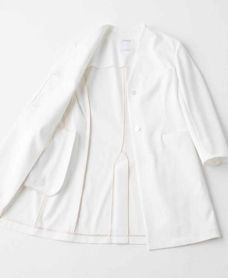 レディース白衣:ノーカラージャージーコート・LUXE