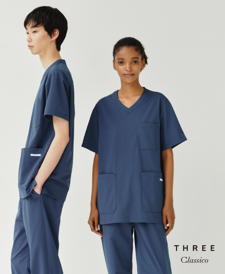 ユニセックス:THREEスクラブトップス・FREE/