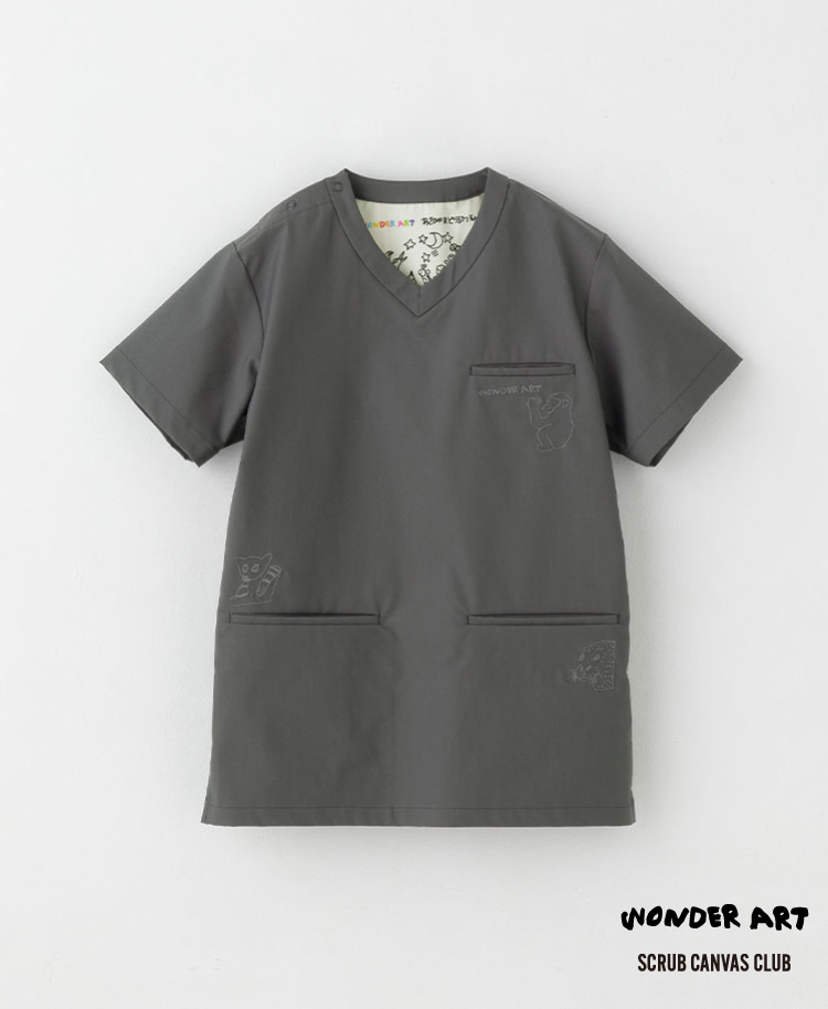 Scrub Canvas Club:WONDER ART 旭山動物園スクラブトップス(男女兼用) チャコール