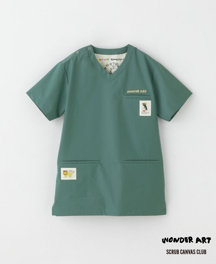 Scrub Canvas Club:WONDER ART 旭山動物園スクラブトップス(男女兼用) グリーン