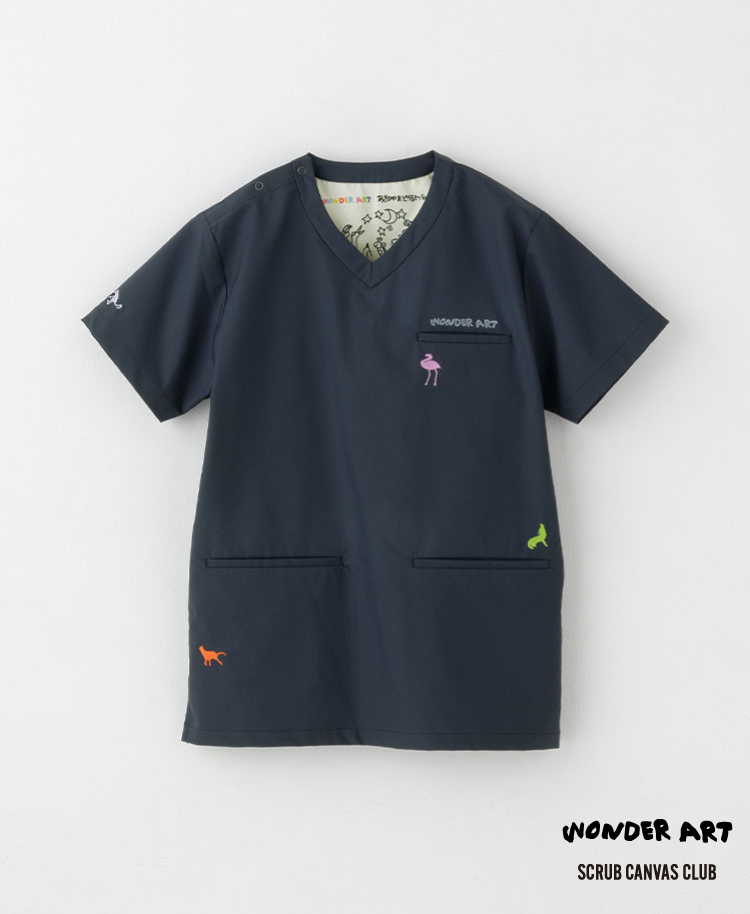 Scrub Canvas Club:WONDER ART 旭山動物園スクラブトップス(男女兼用) ネイビー