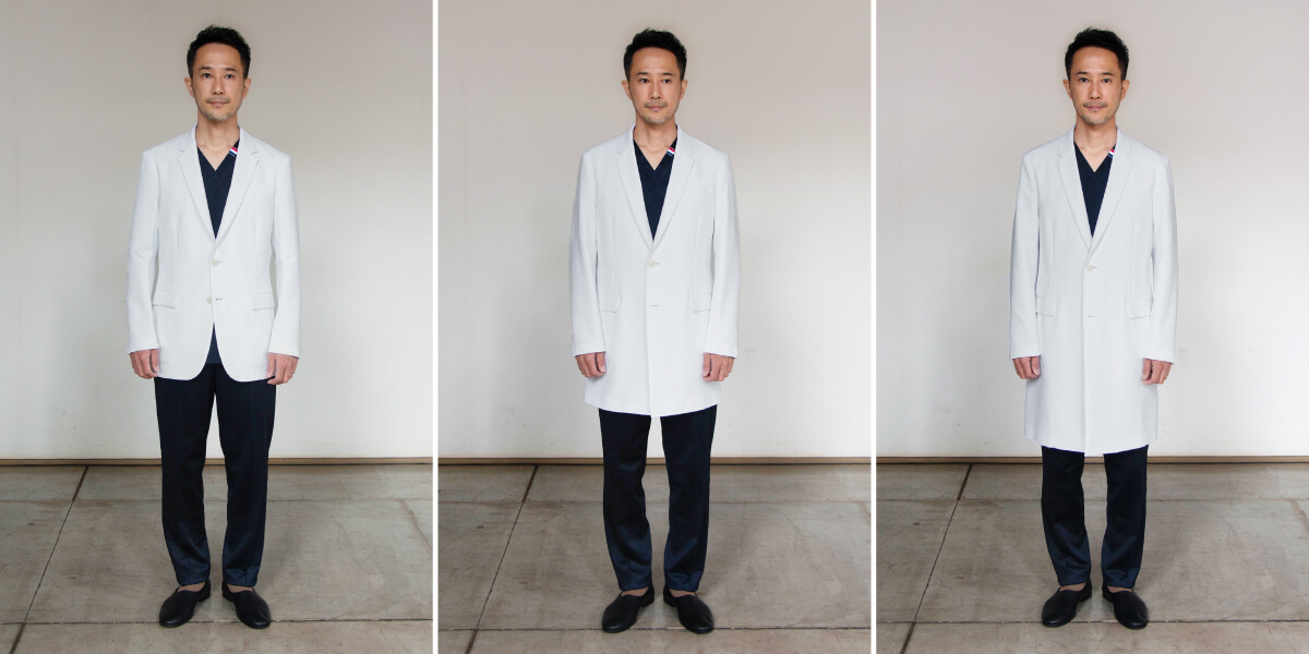 メンズ白衣:右からロング丈とショートコートとジャケットの丈の長さの比較写真