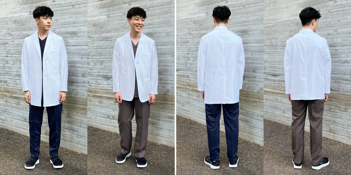 メンズ白衣:ショートコートとジャケットの丈の長さの比較写真　左側:フロントスタイル　右側:バックスタイル