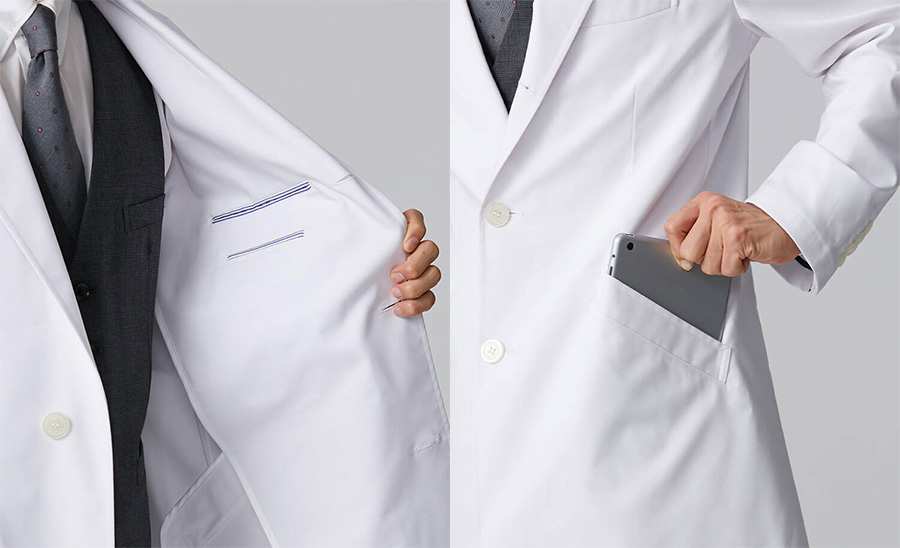 メンズ白衣:クラシコテーラー:内側と外側のポケット部分