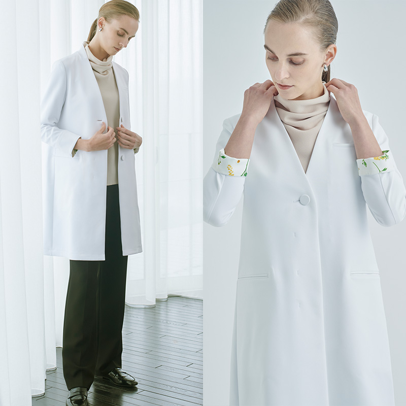女性医師におすすめ:花柄のノーカラーレディース白衣と私服のコーディネート