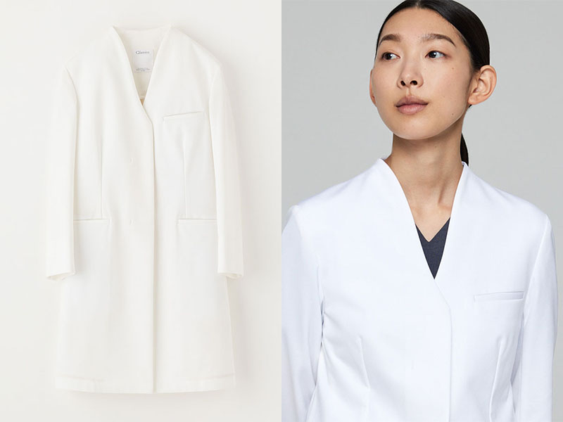 女性医師におすすめの襟なしのレディース白衣: ノーカラージャージーコート・LUXE