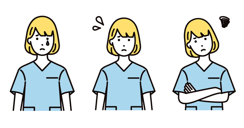 イラスト:泣く表情の女性看護師　焦る表情の女性看護師　困った表情の女性看護師