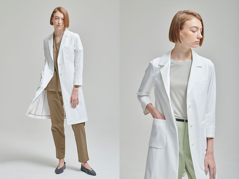 女性医師が白衣で着膨れしないポイント:白衣の下に薄い生地のトップスをコーディネートする
