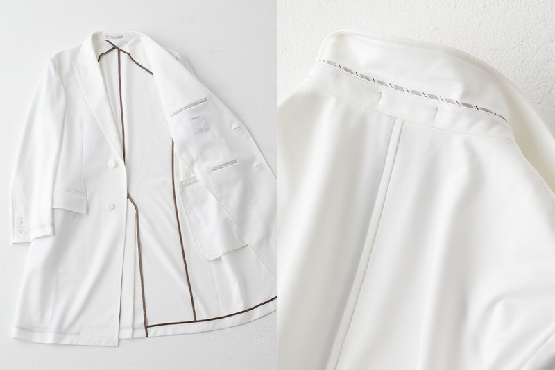 伸縮性が高くかっこいいおしゃれな男性用長袖白衣:ジャージーピークドラペルコート・LUXE