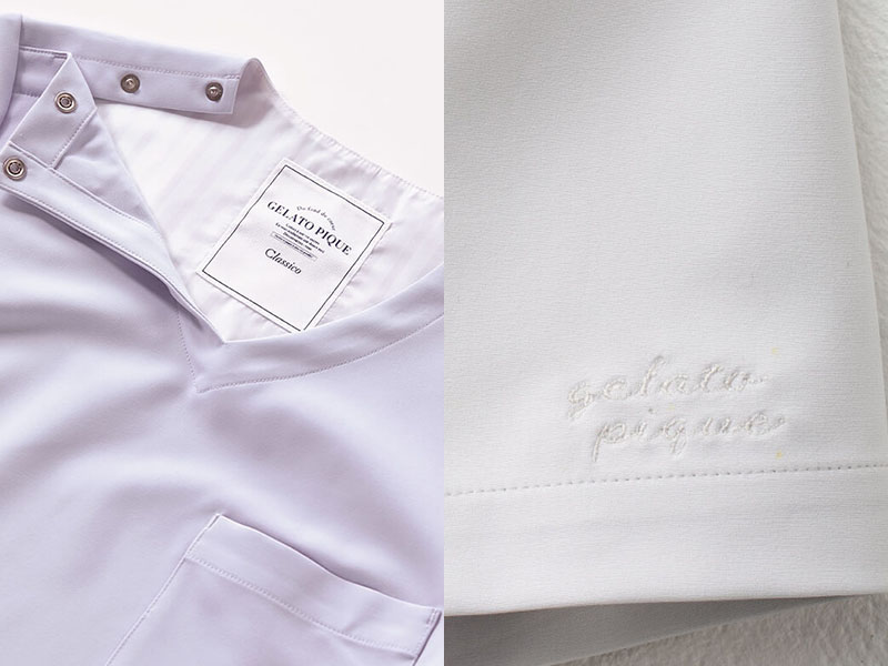 優しいパステルカラーとシンプルなデザインが魅力ジェラート ピケとのコラボスクラブ白衣:ジェラート ピケ&クラシコ:プルオーバースクラブ(ロゴ刺繍入りの袖と洗練された裏地の柄)