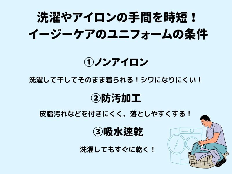 お手入れが楽で家事を短縮する医療スクラブに重視する機能:ノンアイロン・防汚加工・吸水速乾