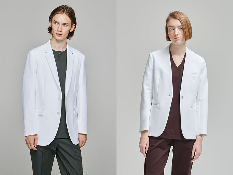 花粉の付着を防ぐ、ポリエステル100%で静電防止機能のあるジャケット白衣(男性用・女性用)