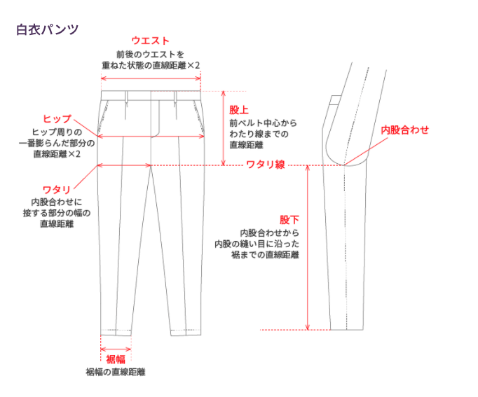 白衣パンツのサイズの測り方　ウエスト:前後のウエストを重ねた状態の直線距離×2 ヒップ:ヒップ周りの一番膨らんだ部分の直線距離×2 ワタリ:内股合わせに接する部分の幅の直線距離　裾幅:裾幅の直線距離 股上:前ベルト中心からわたり線までの直線距離 股下:内股合わせから内股の縫い目に沿った裾までの直線距離