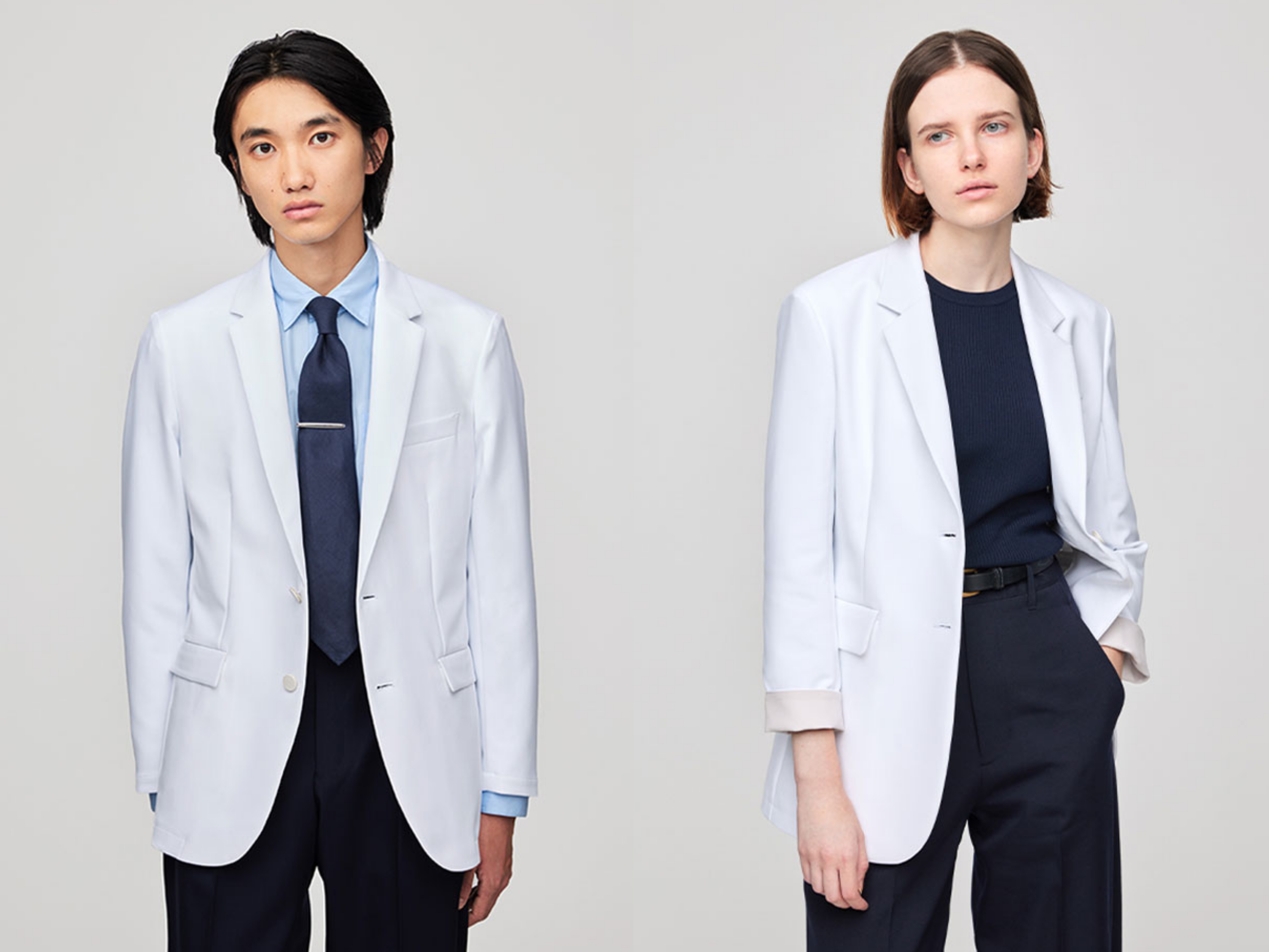 花粉の付着を防ぐ、ポリエステル100%で静電防止機能のあるジャケット白衣(男性用・女性用)